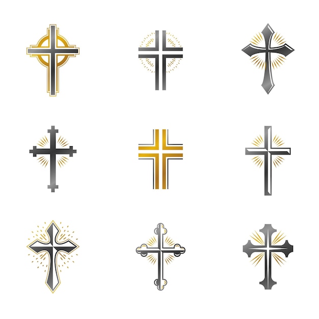 Crosses of Christianity emblems set. Heraldic vector design elements collection. Retro style label, heraldry logo.