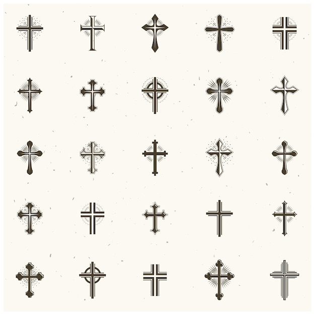 Кресты христианства Религиозные эмблемы установлены. Декоративные логотипы геральдического герба изолировали коллекцию векторных иллюстраций.