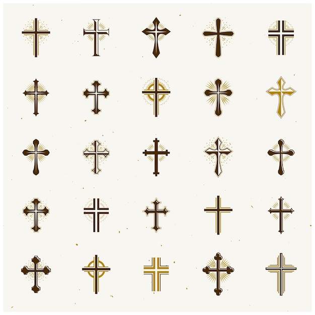 Vector crosses of christianity religion emblems set. heraldic coat of arms decorative logos isolated vector illustrations collection.