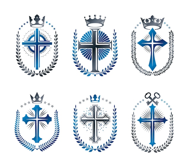 Кресты христианства Религиозные эмблемы установлены. Декоративные логотипы геральдического герба изолировали коллекцию векторных иллюстраций.