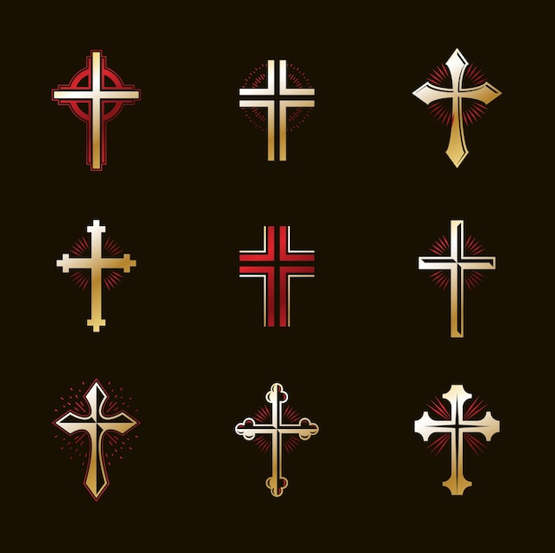 Crosses emblems vector emblems big set, christian religion\
heraldic design elements collection, classic style heraldry\
symbols, antique designs.