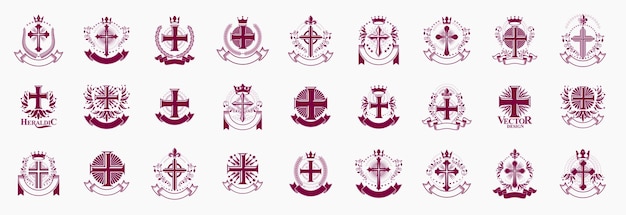 Crosses secrets emblems vector emblems big set, christian religion heraldic design elements collection, classic style heraldry symbols, antique designs.