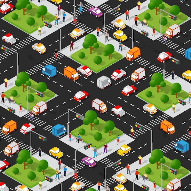 Crossroad road isometric 3d city street with cars, trees, urban infrastructure