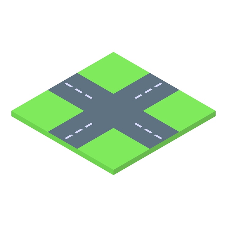 Vector crossroads dividing green space with asphalt forming four exits in isometric view