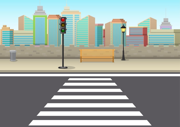 Vector crossroads with traffic lights and skyscrapers in the background