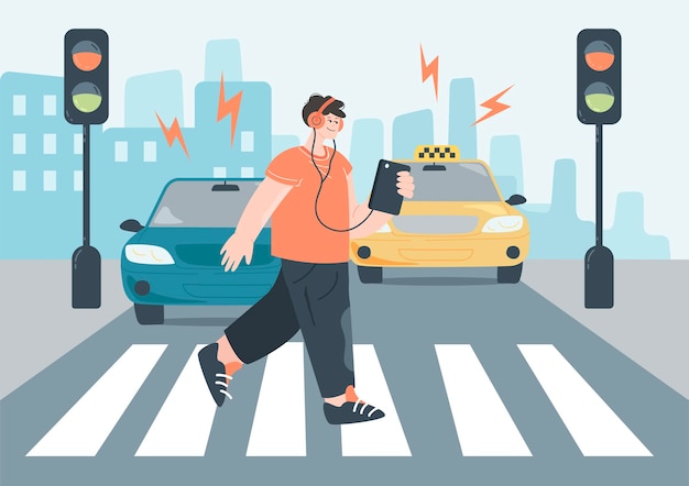 Crosswalk accident flat vector illustration. Happy pedestrian with smartphone and headphones crossing road on red traffic lights. Safety, street traffic rules concept