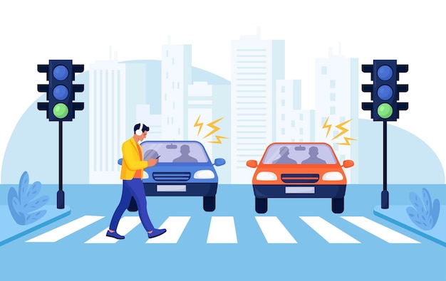 Crosswalk accident with pedestrian. man with smartphone and headphones crossing road on red traffic lights. road safety. car vehicle accident danger, street traffic rules. urban lifestyle