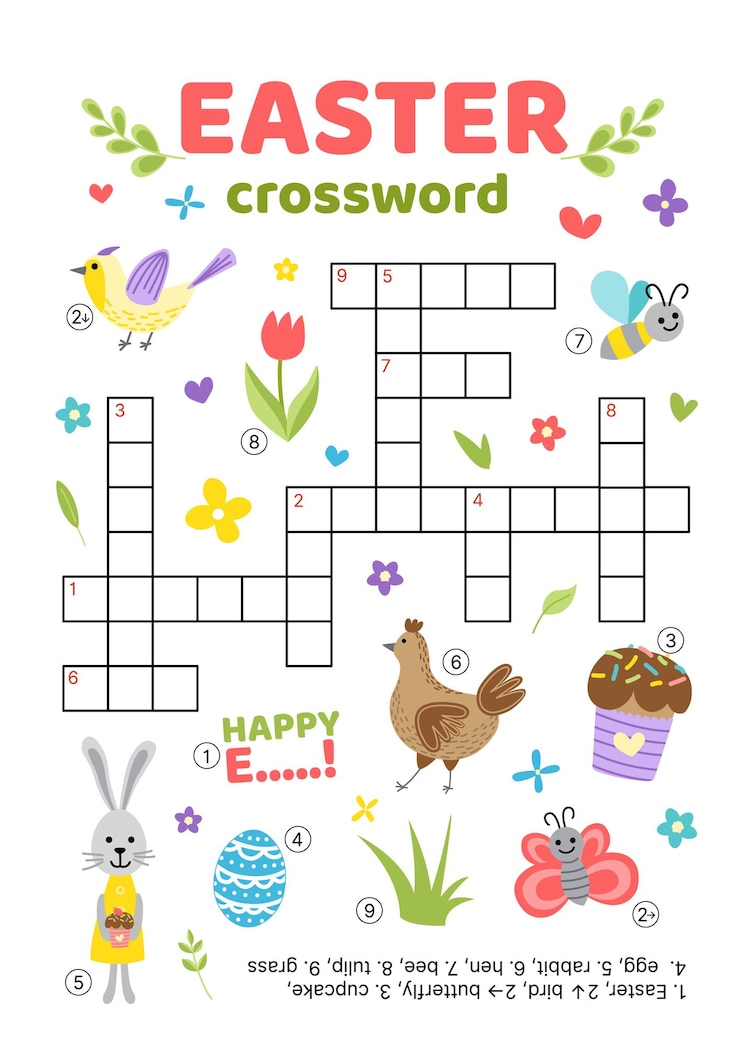 Vector crossword of easter words english words educational puzzle game for kids flat cartoon isolated vector illustration eps 10
