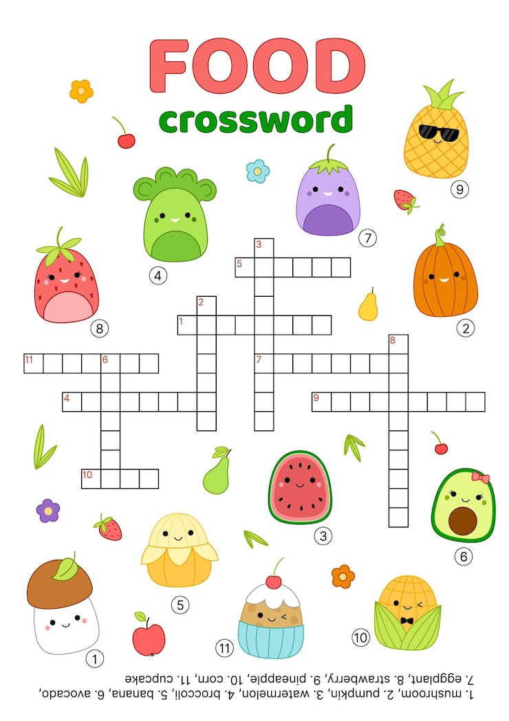 Vector crossword of fruits and vegetables english words educational puzzle game for kids cartoon vector