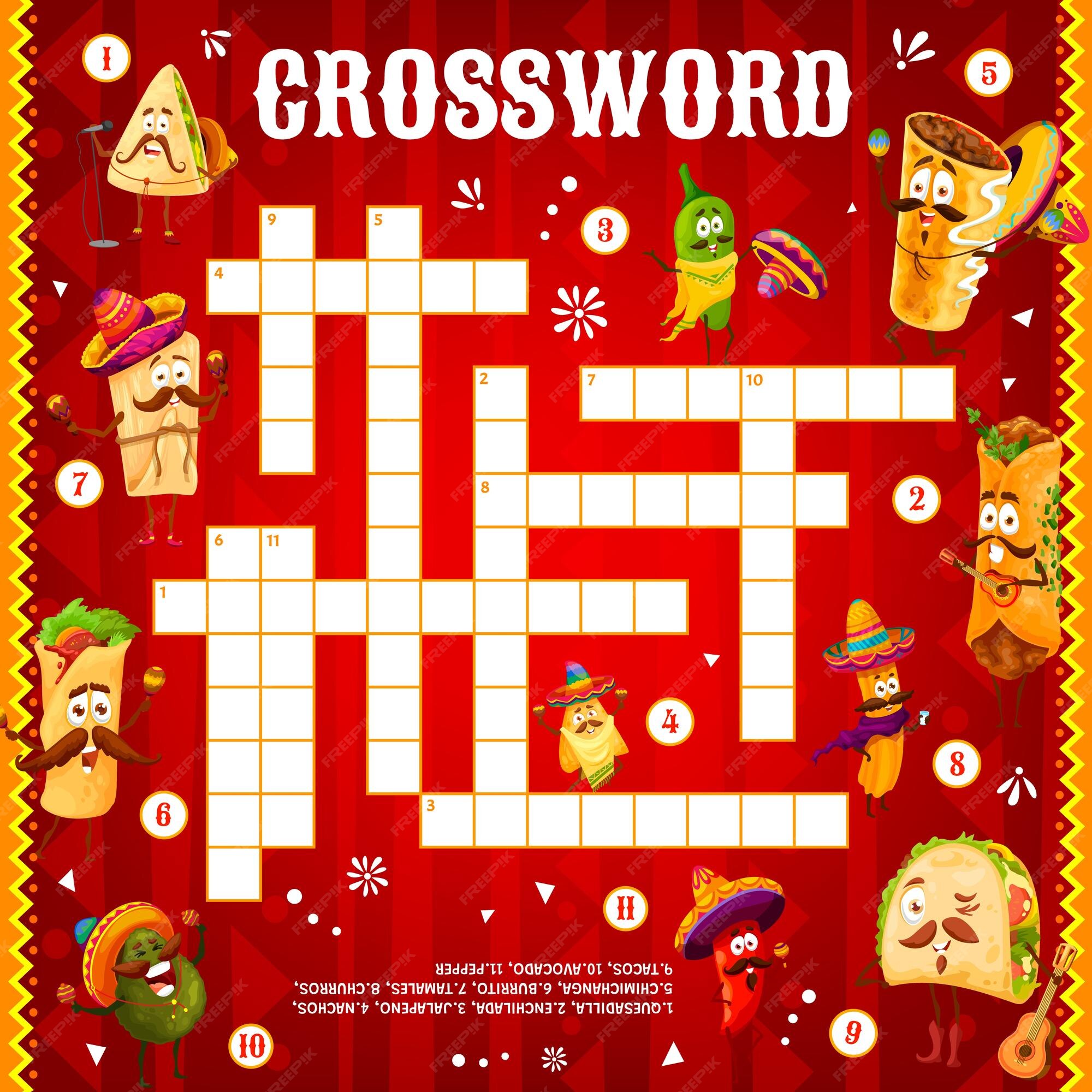 Premium Vector | Crossword game with cartoon mexican food character