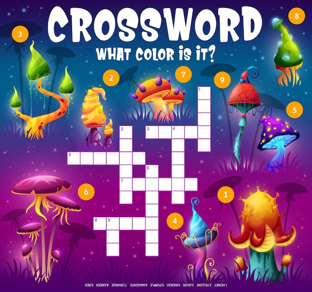 Crossword grid with find mushroom cap color game