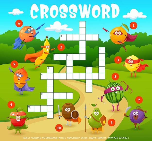 Crossword grid with fruits superhero characters