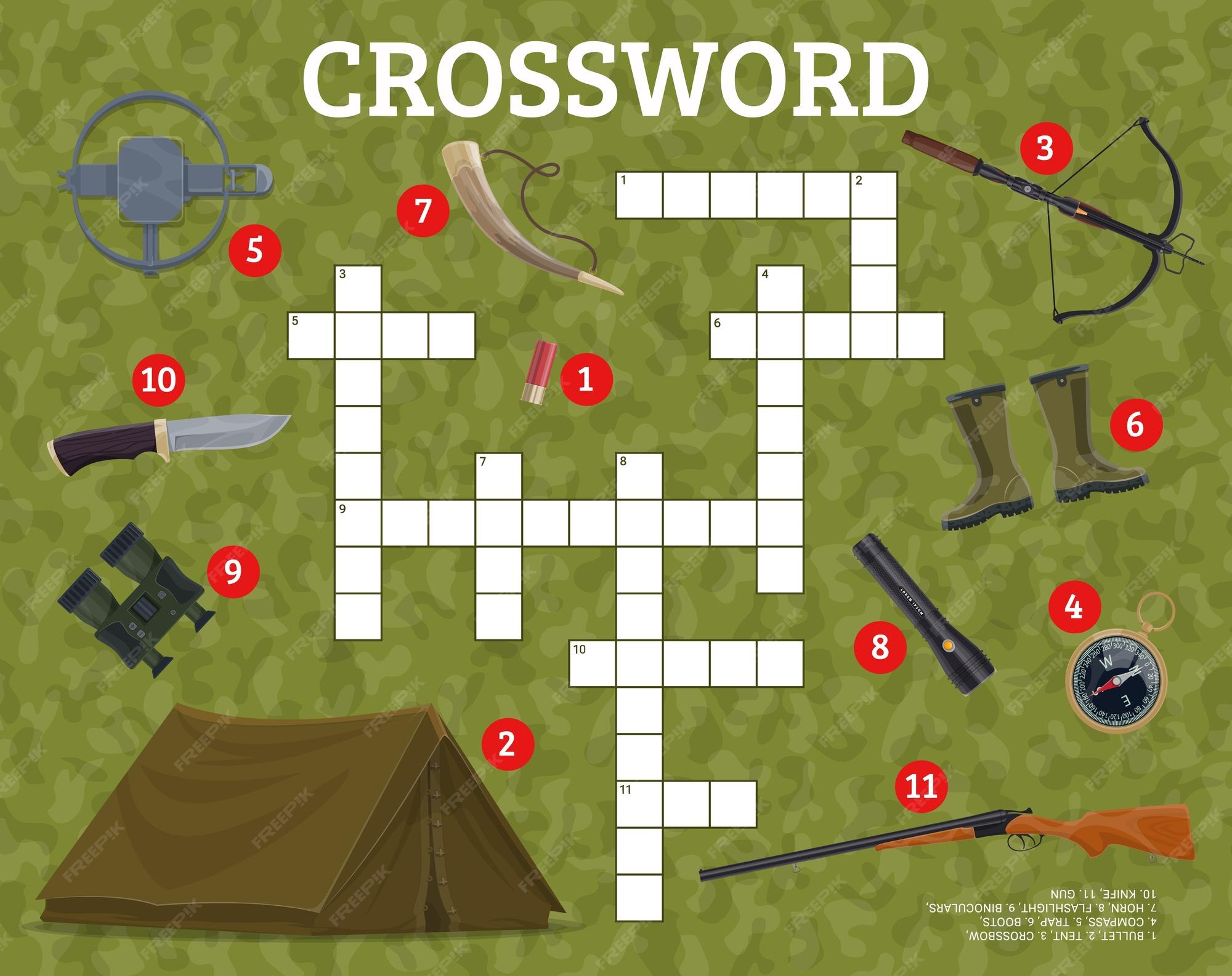 Premium Vector Crossword grid with hunting equipment and weapon