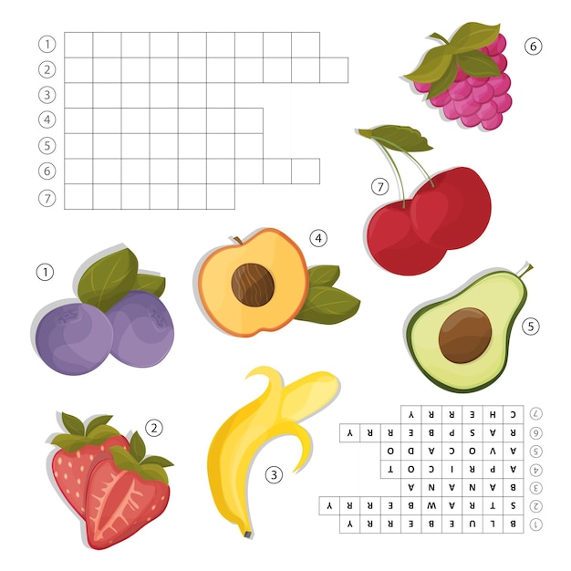 Crossword for learning english. find the fruits words by horizontal lines