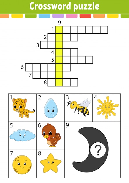 Crossword puzzle. Education developing worksheet. Activity page for study English. With color pictures.