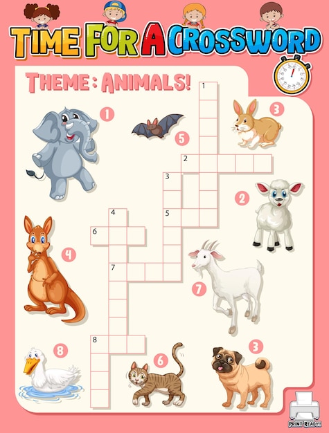 Crossword puzzle game template about animals