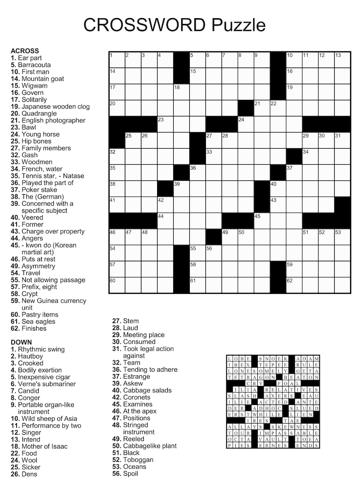 Vector crossword puzzle game with 15 x 15 squares with clues and solution