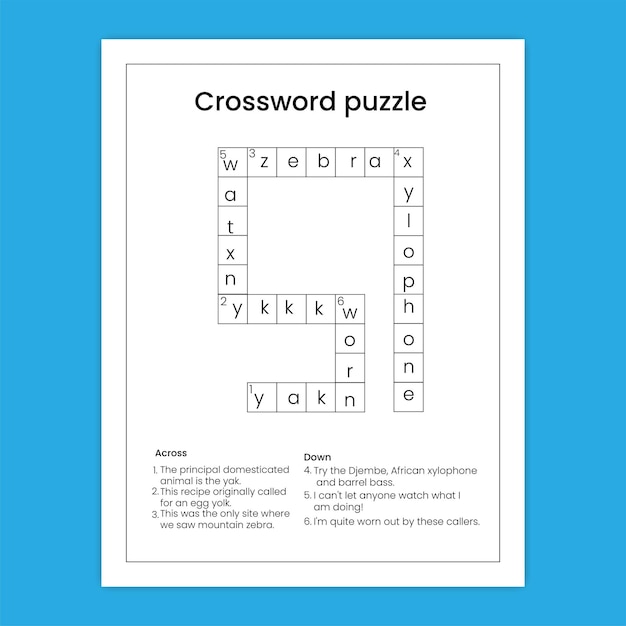 Vector crossword puzzle game worksheet