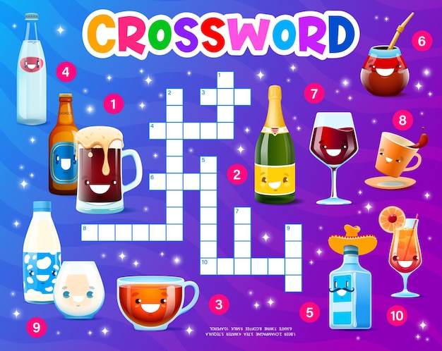 Vector crossword quiz game grid cartoon drink and cocktail characters kids vector cross word worksheet with wine glass mexican tequila and foamy beer tankard coffee or tea cup milk champagne and water
