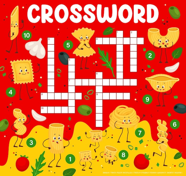 Crossword quiz game grid cartoon pasta characters