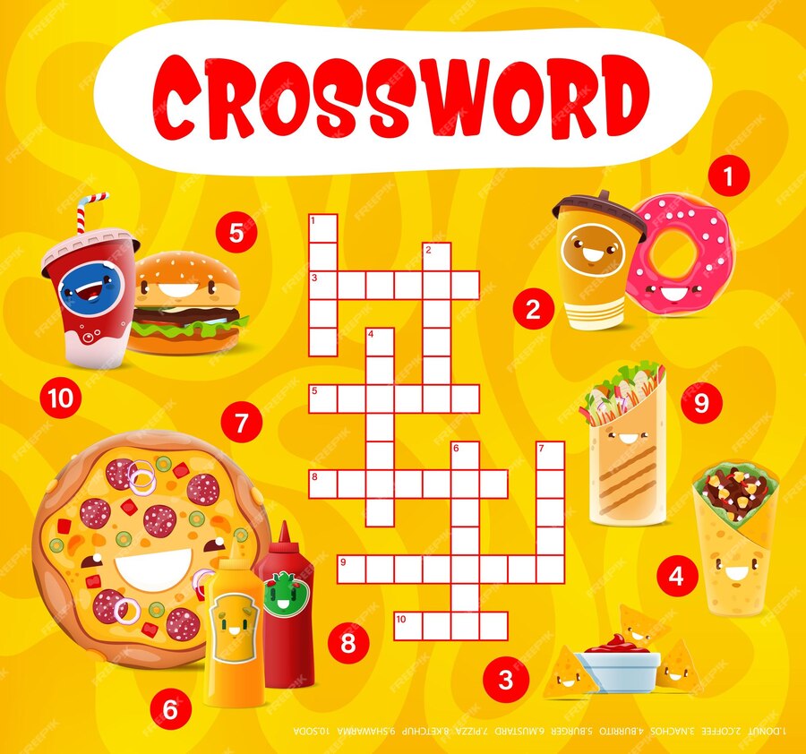 Premium Vector | Crossword quiz game grid funny cartoon fast food