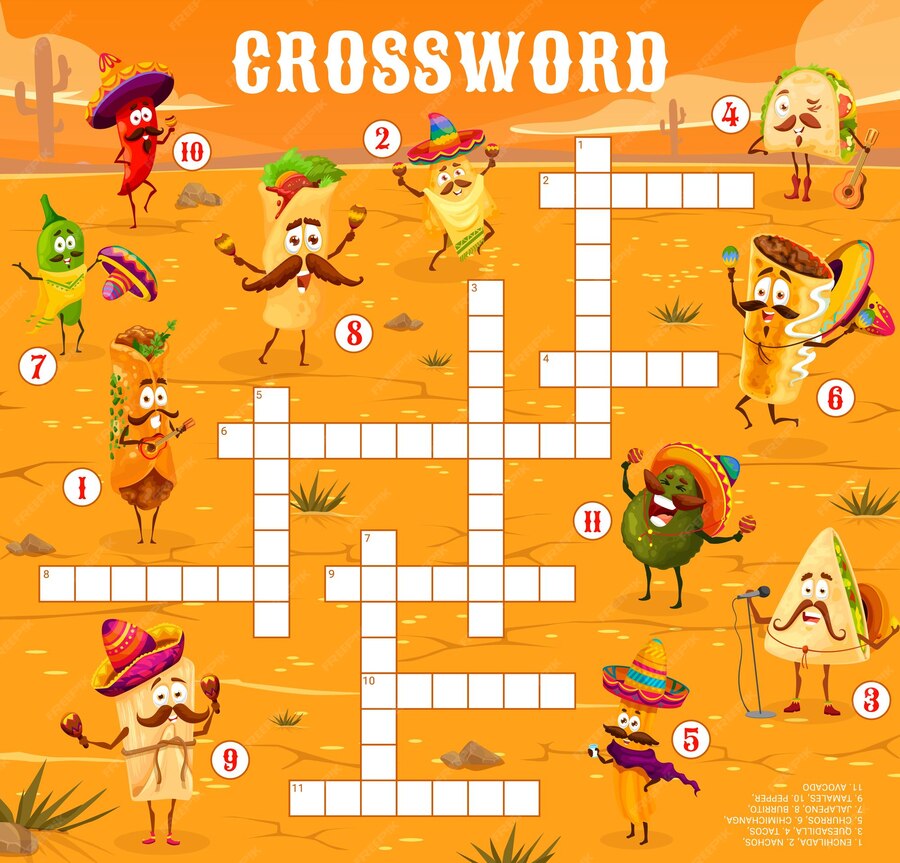 Premium Vector | Crossword quiz game grid mexican food characters