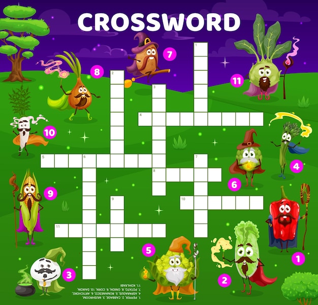 Crossword quiz game grid with vegetable wizards