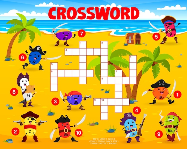 Crossword quiz with cartoon vitamin pirates and corsairs vocabulary riddle crossword puzzle vector worksheet with a p c b9 and h b5 vitamin filibuster pirate cute personages on treasure island