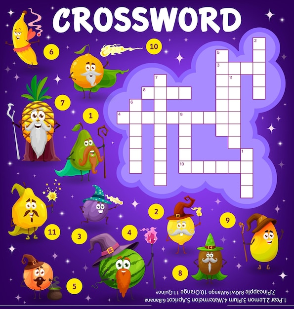 Crossword quiz worksheet cartoon fruits wizards