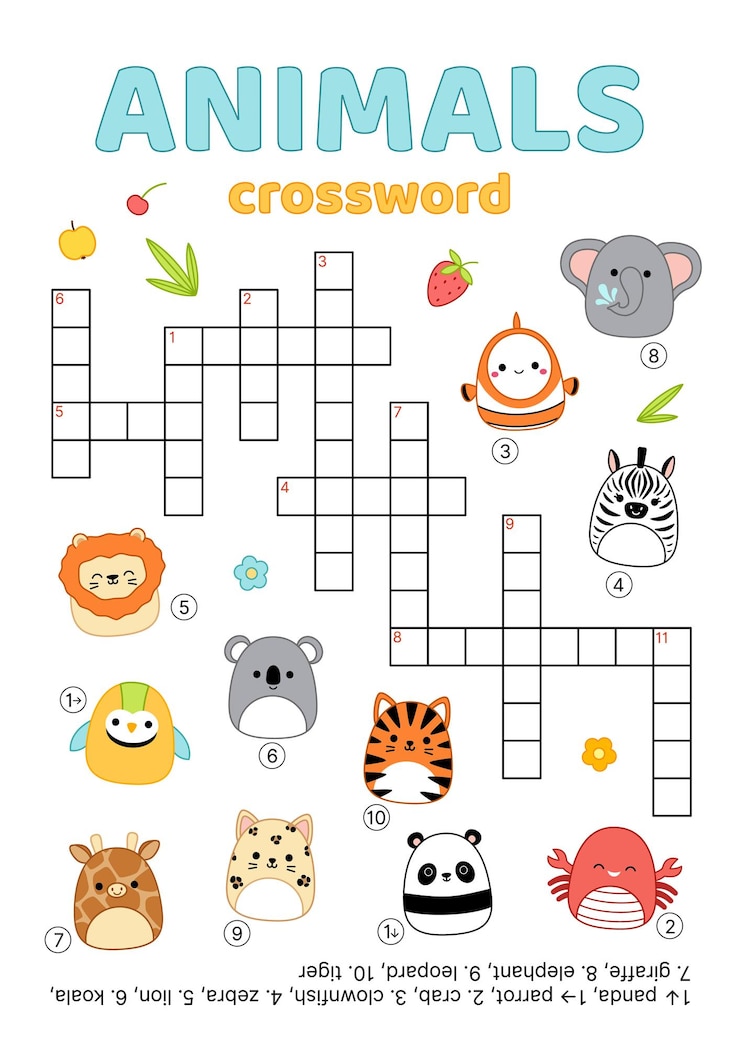 Vector crossword with animals english words educational puzzle game for kids cartoon vector