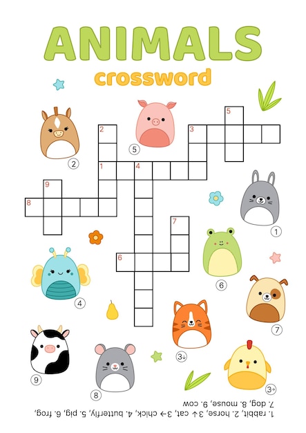 Vettore cruciverba con animali da fattoria parole inglesi gioco di puzzle educativo per bambini vettore di cartoni animati