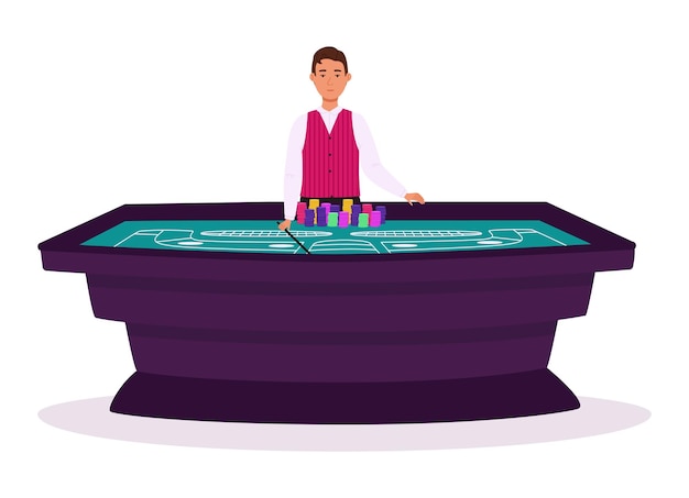 Croupier in een casino aan een craps tafel vectorillustratie Mensen karakters vlakke afbeelding Voor design casino websites