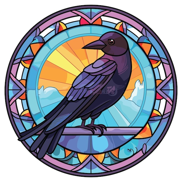 Vector crow colorful watercolor stained glass cartoon kawaii clipart animal pet illustration