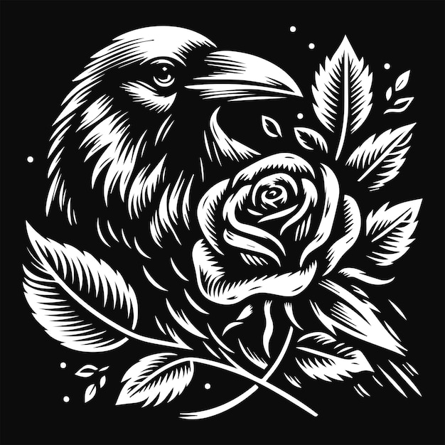 Crow Head with Rose Flower Grunge Vintage Style Hand Drawn Illustration Black and White