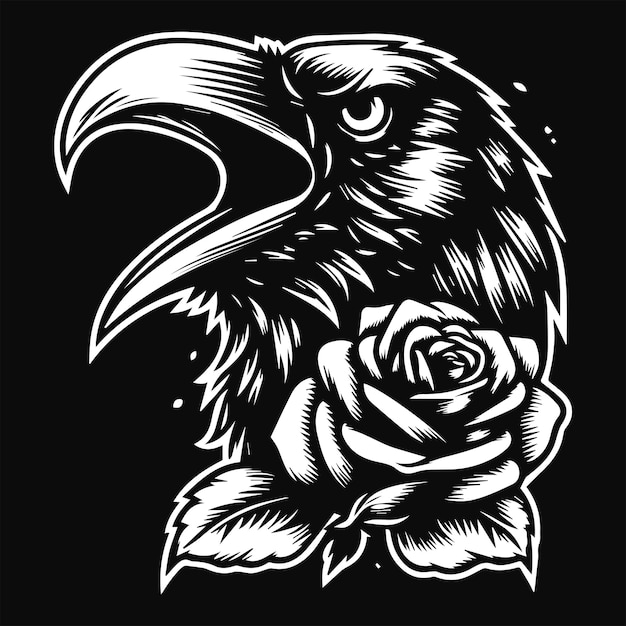 Crow Head with Rose Flower Grunge Vintage Style Hand Drawn Illustration Black and White