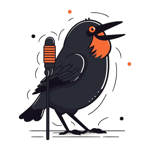 Crow singing on microphone vector illustration in cartoon flat style