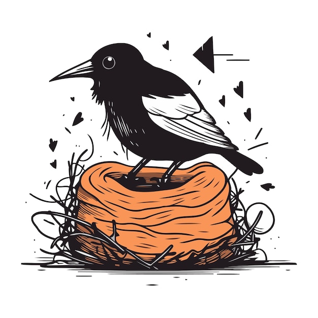 Crow sitting on nest Bird in nest Vector illustration