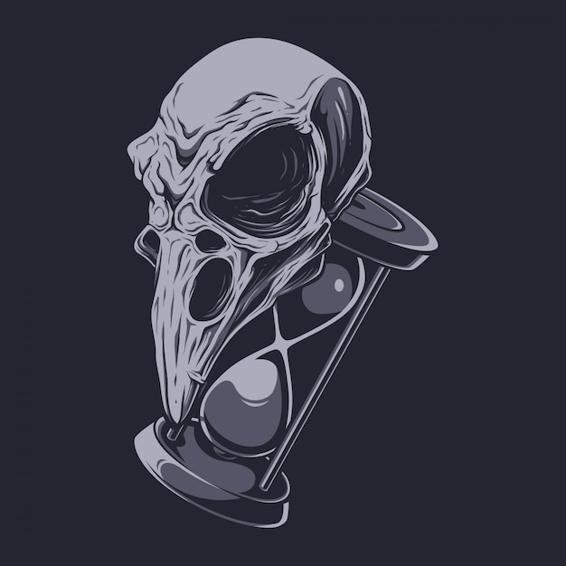 Crow skull and hourglass illustration