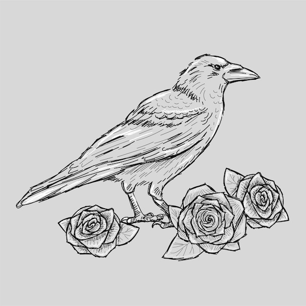 Crow with roses tattoo sketch