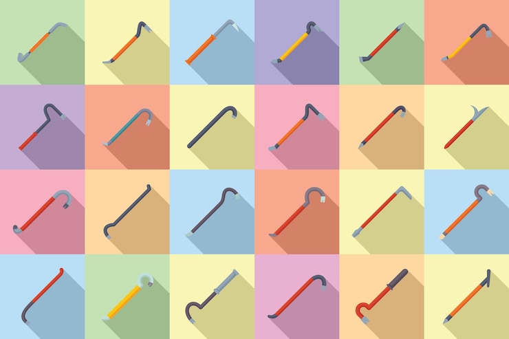 Vector crowbar icons set flat vector breaking equipment bar tool