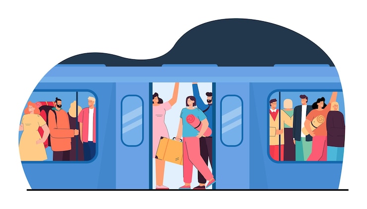 Vector crowd of cartoon people squeezing tight in metro train. city traveling, overcrowded tube flat vector illustration. public transport, overpopulation concept for banner, website design or landing page
