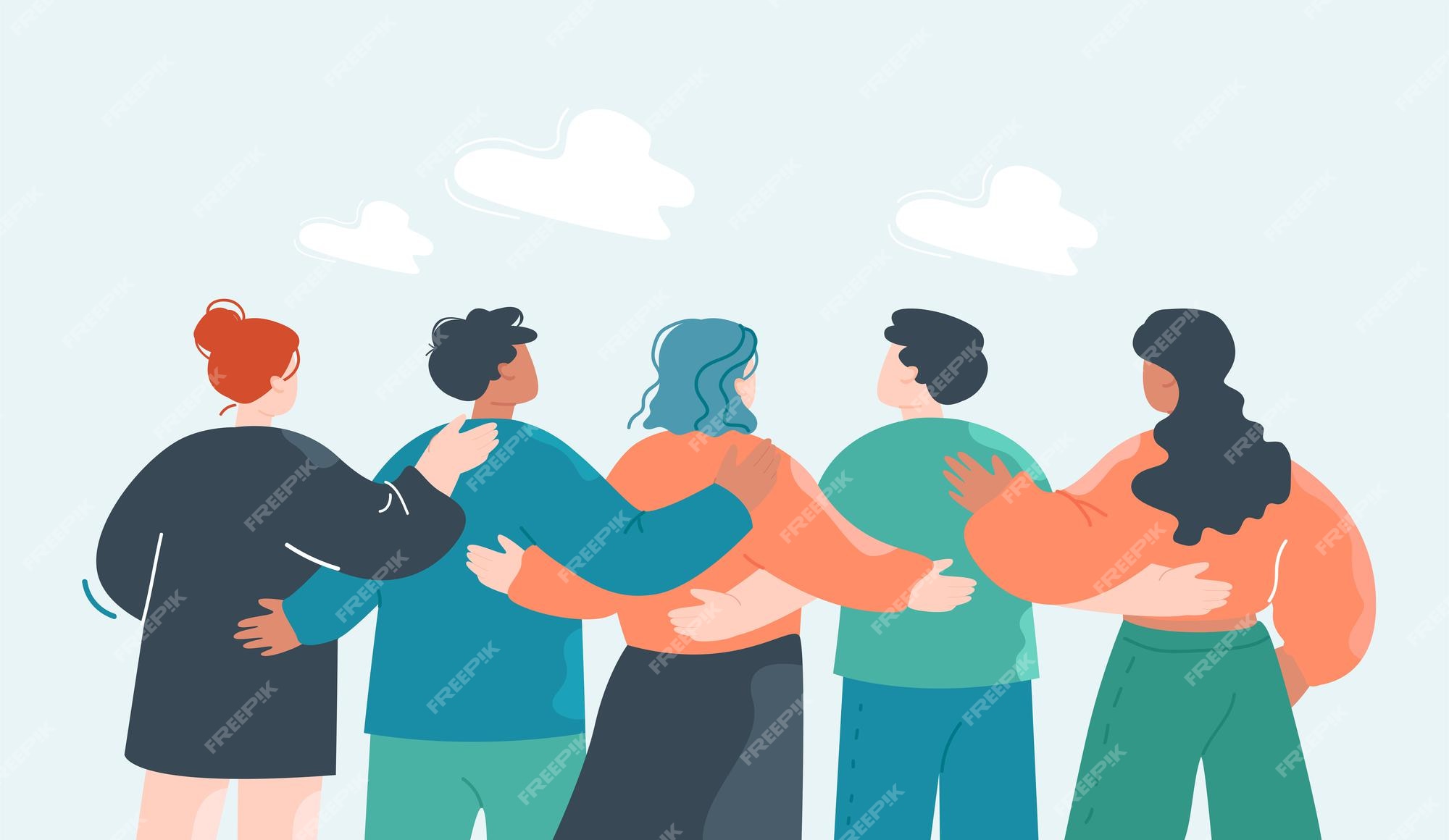 Premium Vector | Crowd of cartoon team members hugging from behind. back view of workplace community flat vector illustration. communication, diversity, teamwork concept for banner, website design or landing web page Premium Vector | Crowd of cartoon team members hugging from behind. back view of workplace community flat vector illustration. communication, diversity, teamwork concept for banner, website design or landing web page