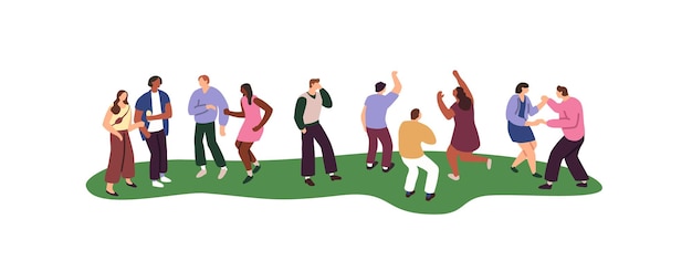 Crowd dances on open air music festival Group of friends fun in park Men and women stand communicate in public place Summer holiday event Flat isolated vector illustration on white background