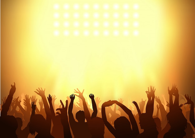 Vector crowd dancing on a concert with holding their arms up