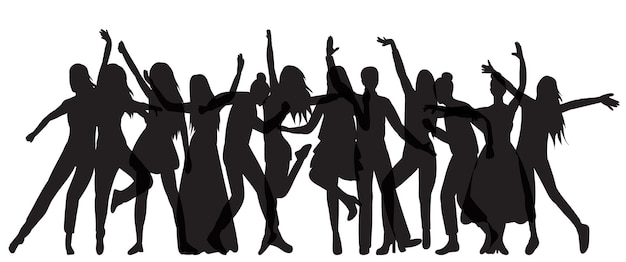 Crowd of dancing people silhouette on white background