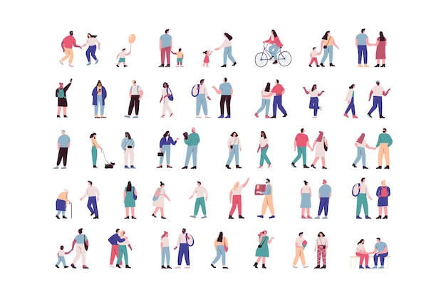 Crowd Different People vector set Male and female flat characters isolated on white background