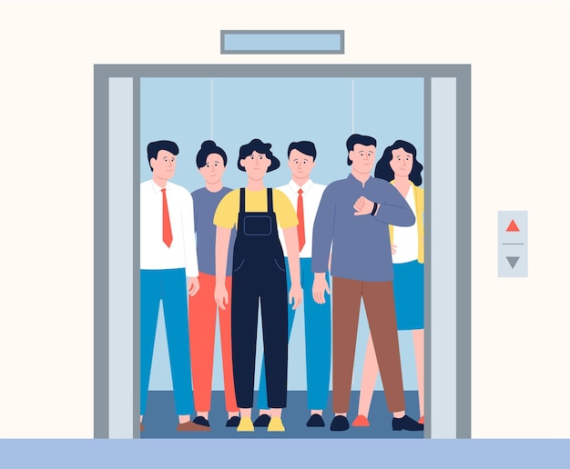 Vector crowd in elevator young persons inside hotel or office mall lift with open doors people standing and wait lifting workers at morning everyday recent vector routine