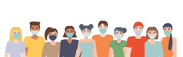 Crowd in face mask Set of different face mask types Pandemic covid19 quarantine health respiratory protection concept Stock vector illustration in flat cartoon style isolated on white background