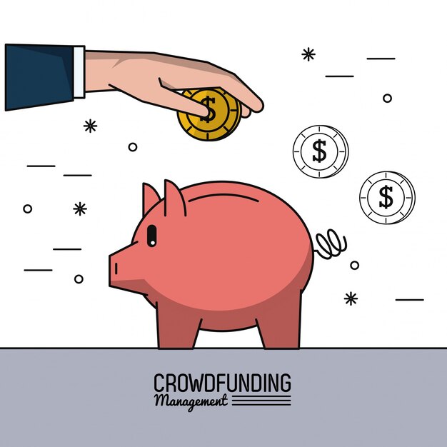 crowd funding management with hands saving money in piggy bank