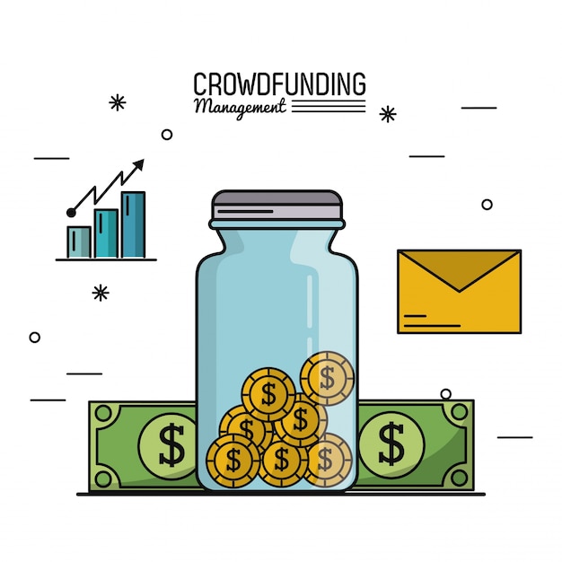 Crowd funding management with saving money jar and bills